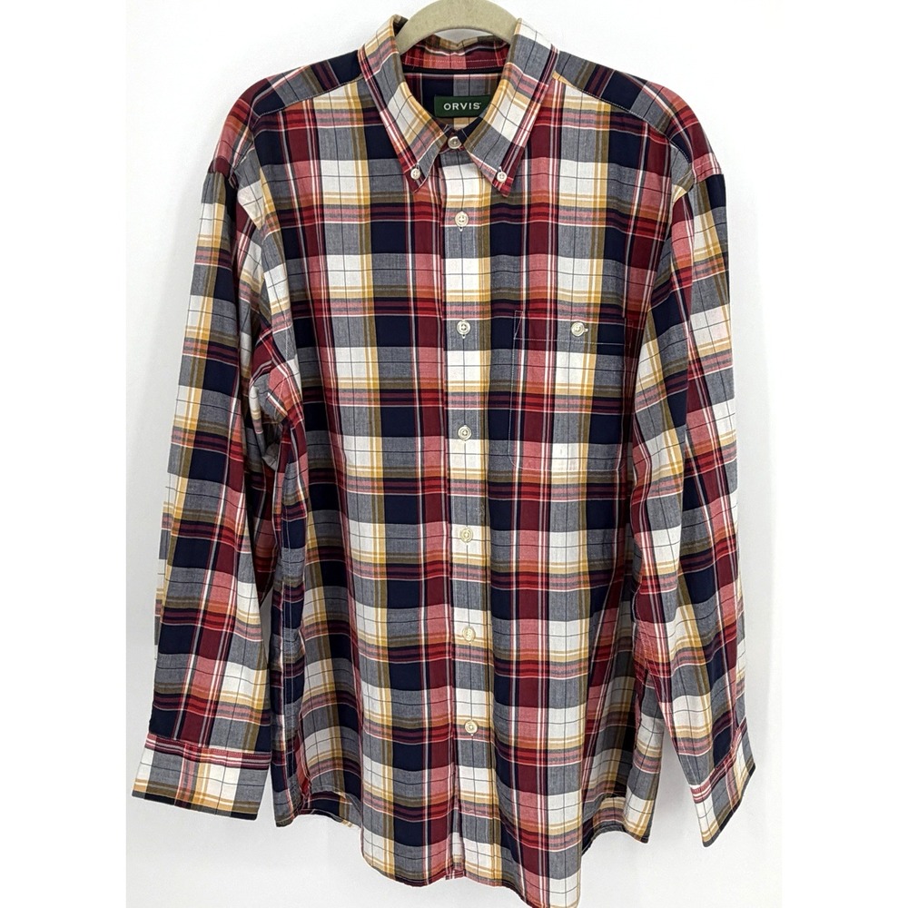 Orvis Men Large L Madras Plaid Long Sleeve Button Down Shirt Lightweight Cotton